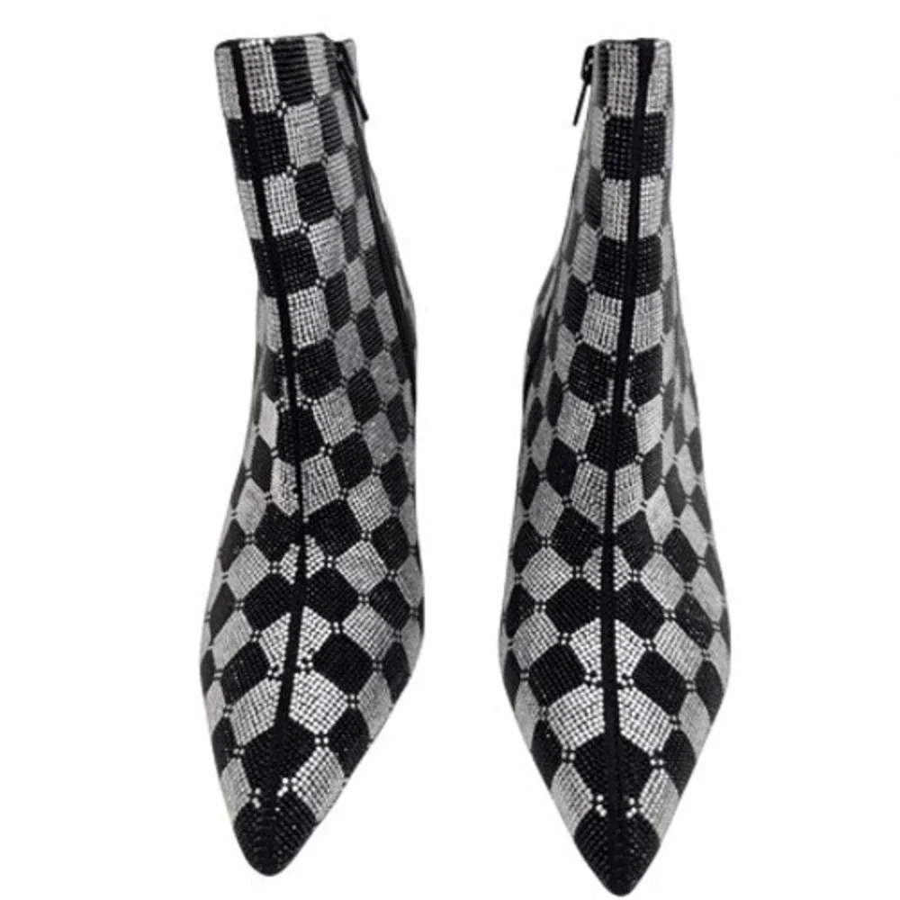 Wild Pair Ingrid Black Silver Rhinestone Checkered Block Heel Booties Size 6 NEW